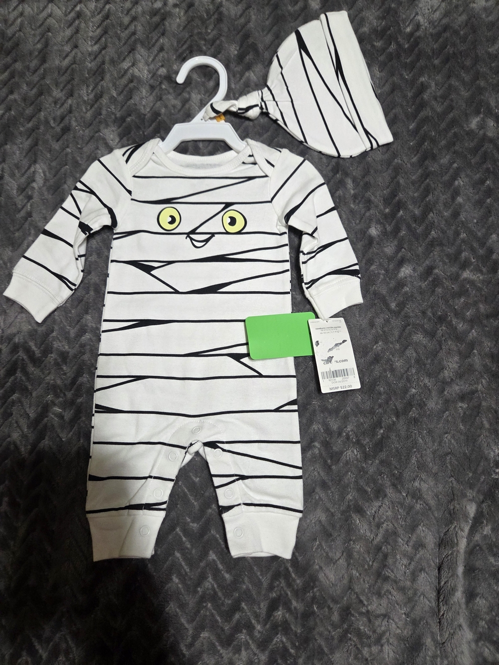 Carter's White Black Striped Mummy One-Piece Bodysuit with Yellow Eyes